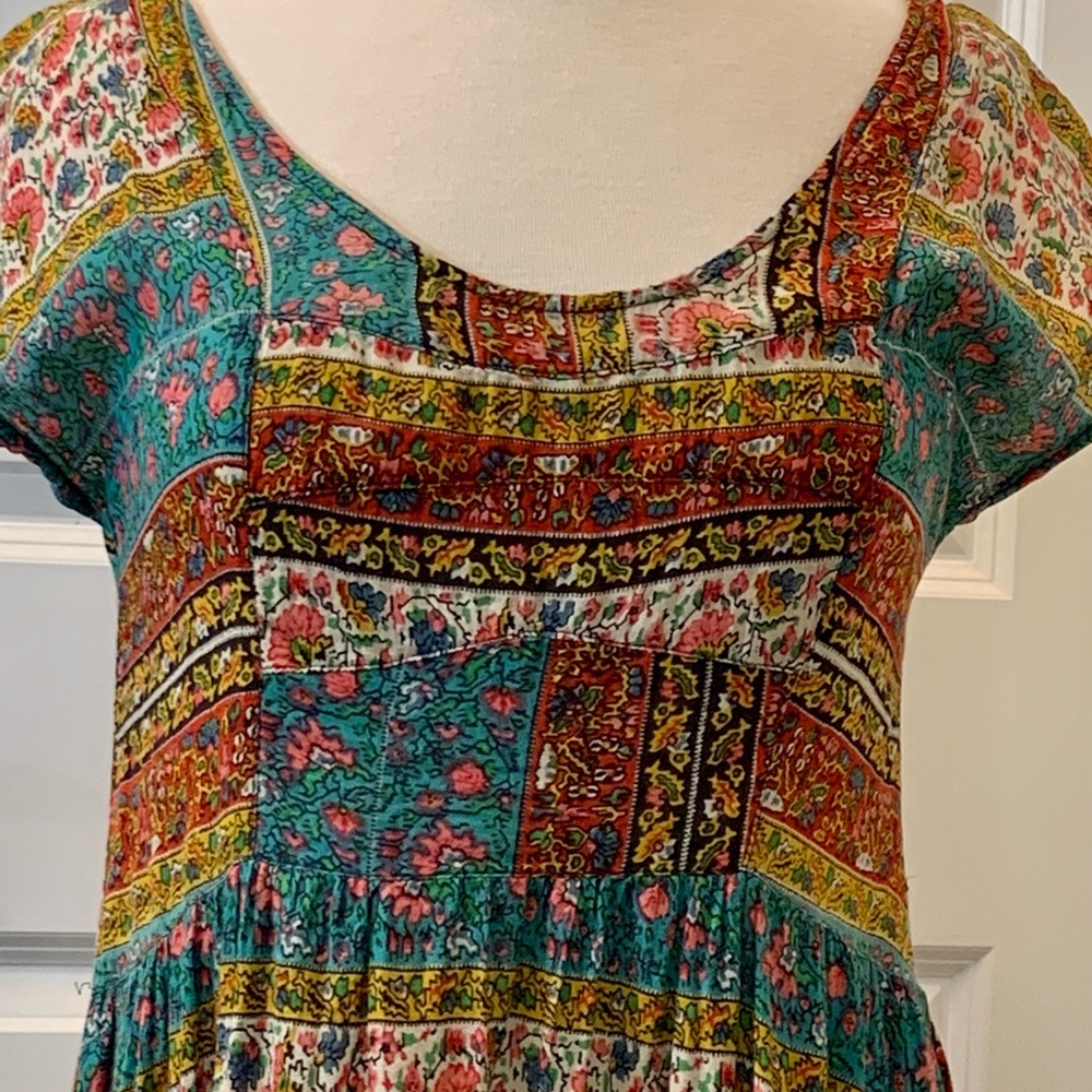 Free People Boho Patchwork Floral Print Short Sleeve high low Midi Dress M - Picture 4 of 7